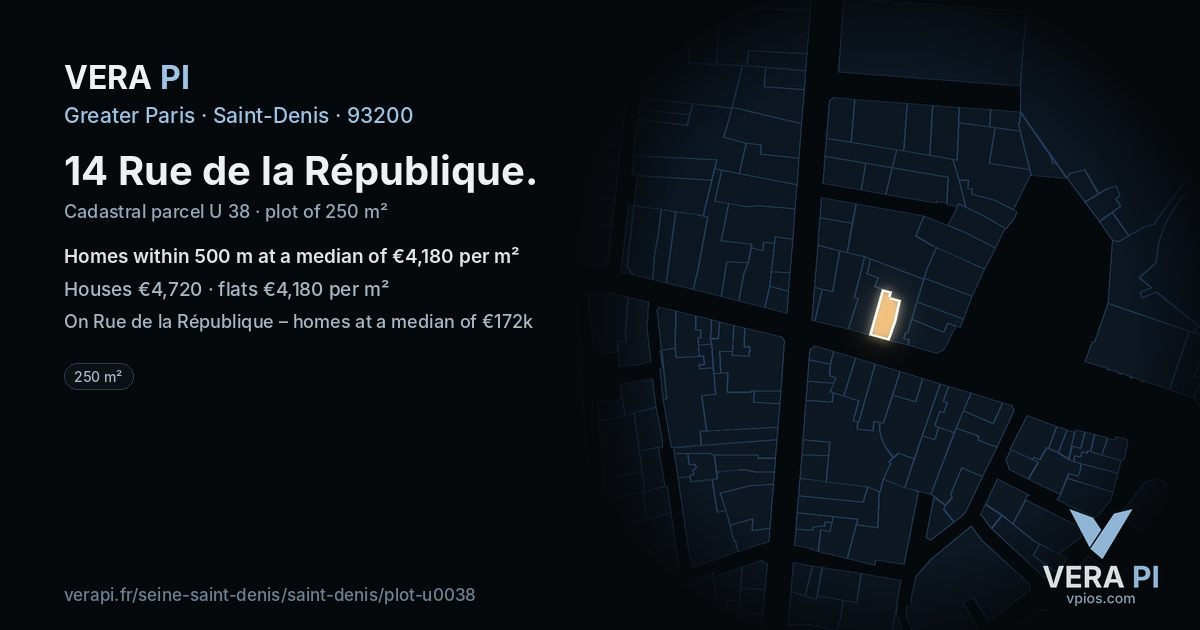14 Rue de la République, Saint-Denis at night – the plot lit, the parcels around coloured by the prices near them