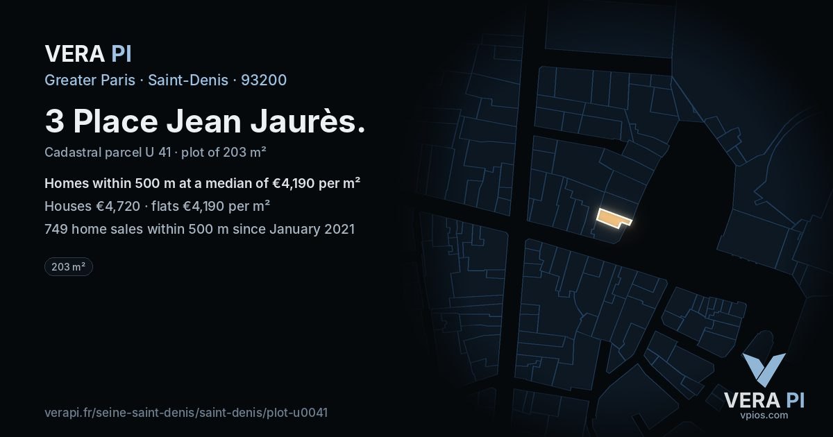 3 Place Jean Jaurès, Saint-Denis at night – the plot lit, the parcels around coloured by the prices near them