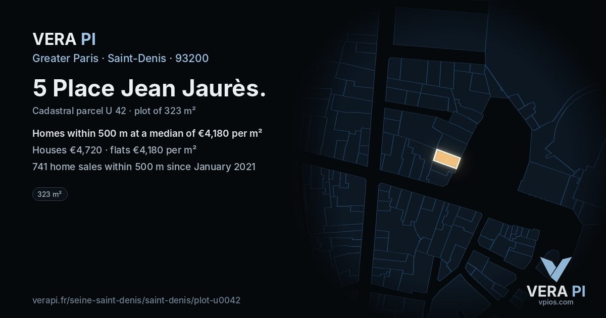 5 Place Jean Jaurès, Saint-Denis at night – the plot lit, the parcels around coloured by the prices near them