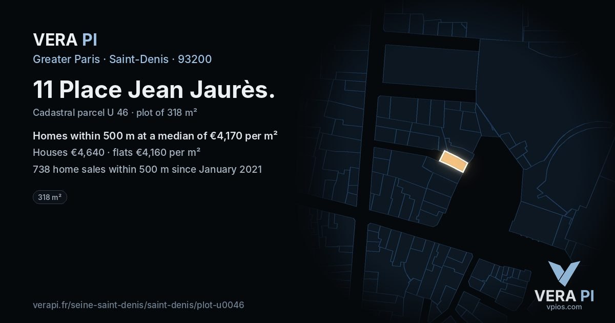 11 Place Jean Jaurès, Saint-Denis at night – the plot lit, the parcels around coloured by the prices near them