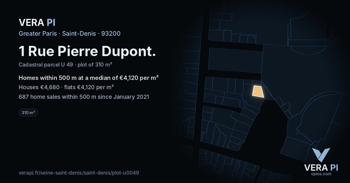 1 Rue Pierre Dupont, Saint-Denis at night – the plot lit, the parcels around coloured by the prices near them