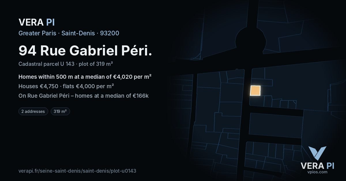 94 Rue Gabriel Péri, Saint-Denis at night – the plot lit, the parcels around coloured by the prices near them