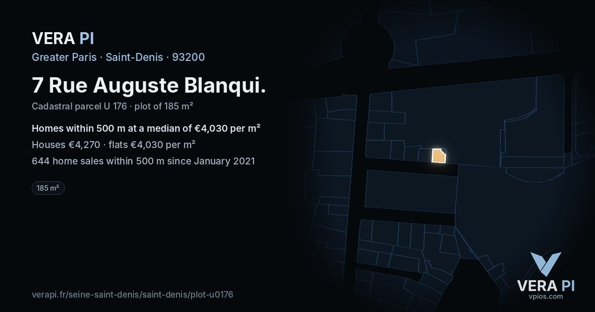 7 Rue Auguste Blanqui, Saint-Denis at night – the plot lit, the parcels around coloured by the prices near them