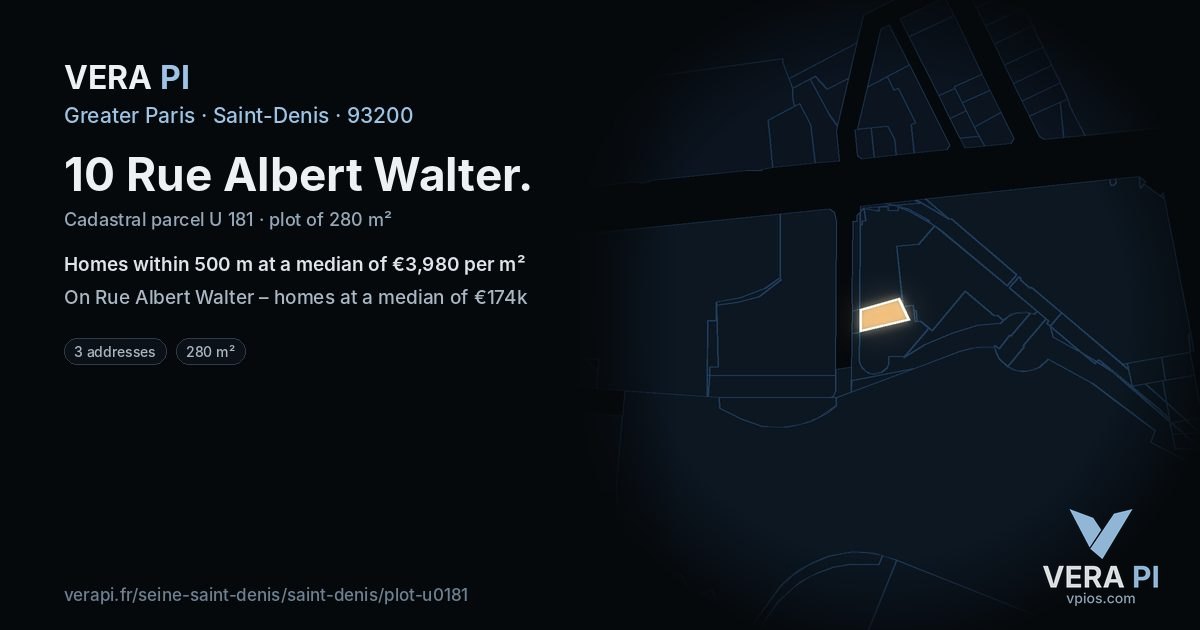 10 Rue Albert Walter, Saint-Denis at night – the plot lit, the parcels around coloured by the prices near them