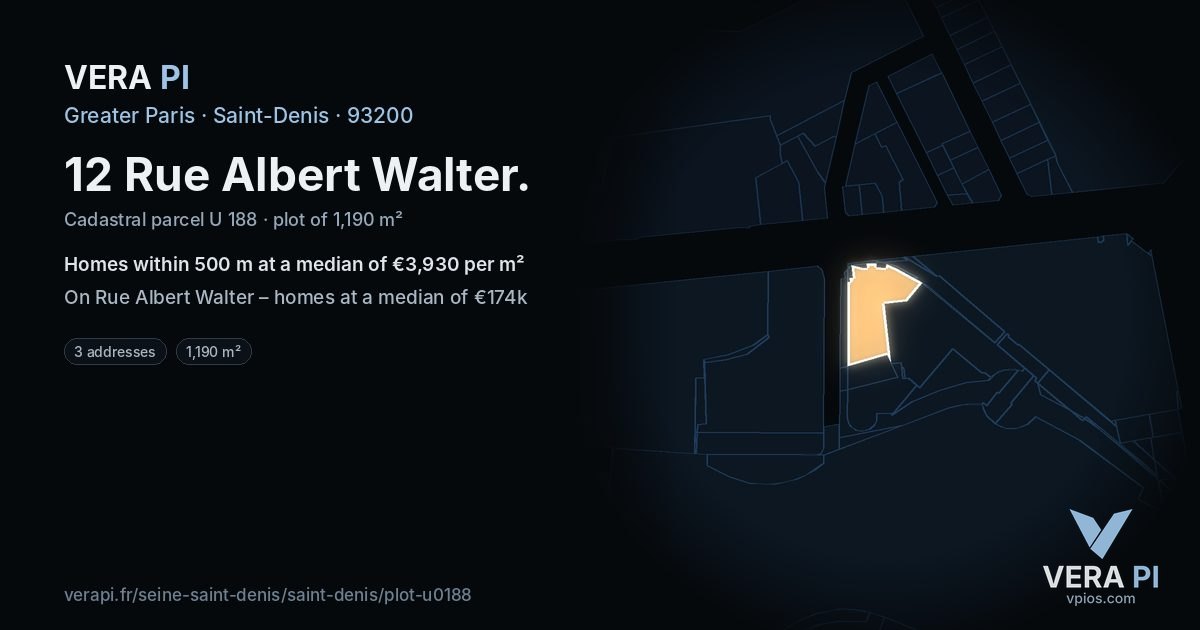 12 Rue Albert Walter, Saint-Denis at night – the plot lit, the parcels around coloured by the prices near them