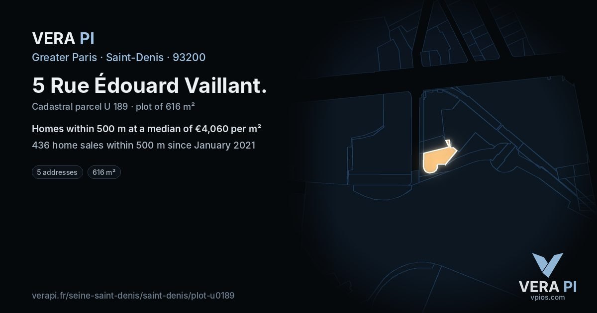 5 Rue Édouard Vaillant, Saint-Denis at night – the plot lit, the parcels around coloured by the prices near them