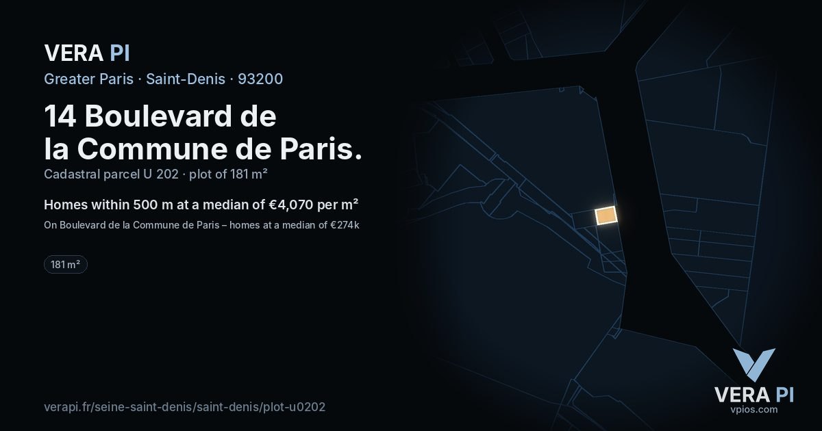 14 Boulevard de la Commune de Paris, Saint-Denis at night – the plot lit, the parcels around coloured by the prices near them