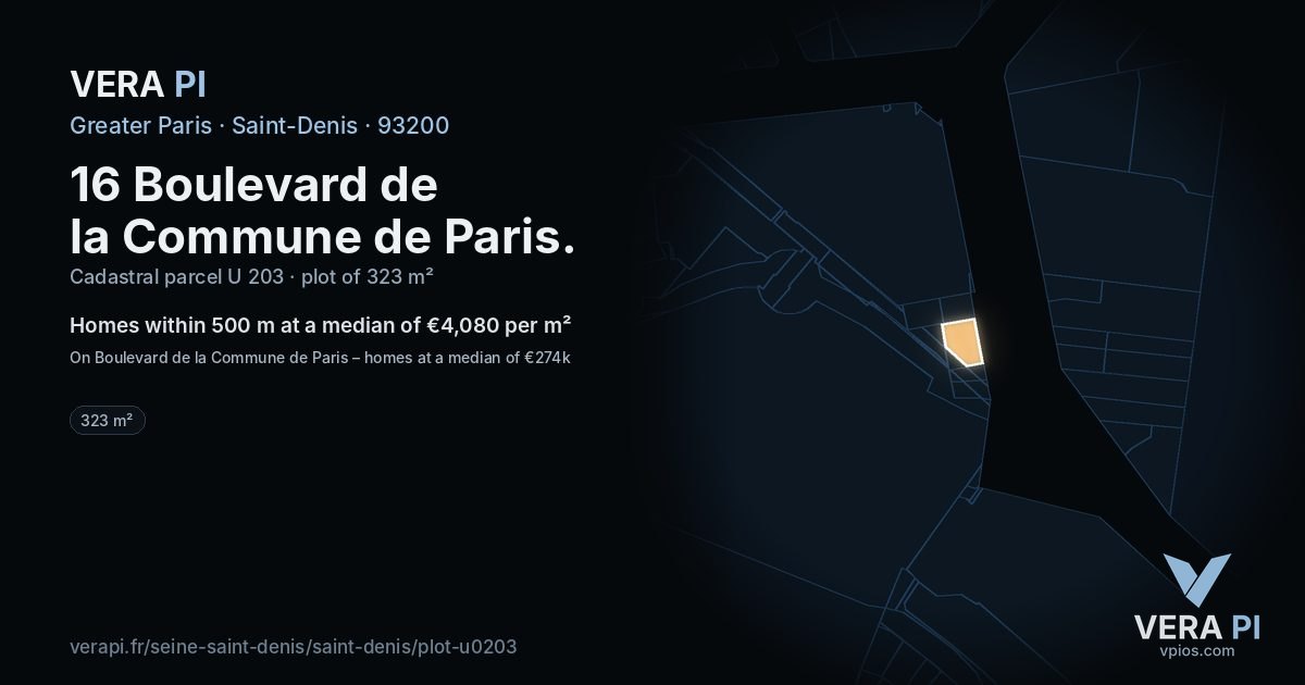 16 Boulevard de la Commune de Paris, Saint-Denis at night – the plot lit, the parcels around coloured by the prices near them