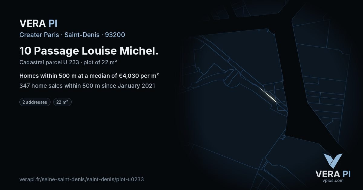 10 Passage Louise Michel, Saint-Denis at night – the plot lit, the parcels around coloured by the prices near them