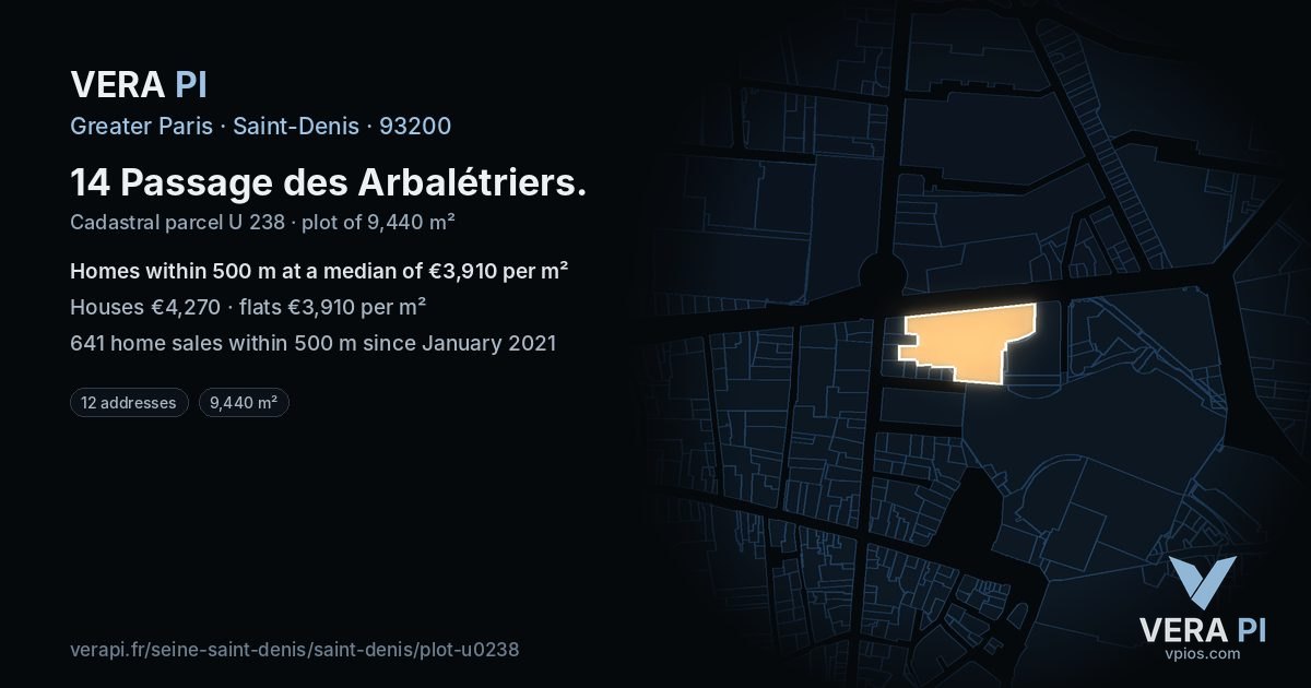 14 Passage des Arbalétriers, Saint-Denis at night – the plot lit, the parcels around coloured by the prices near them