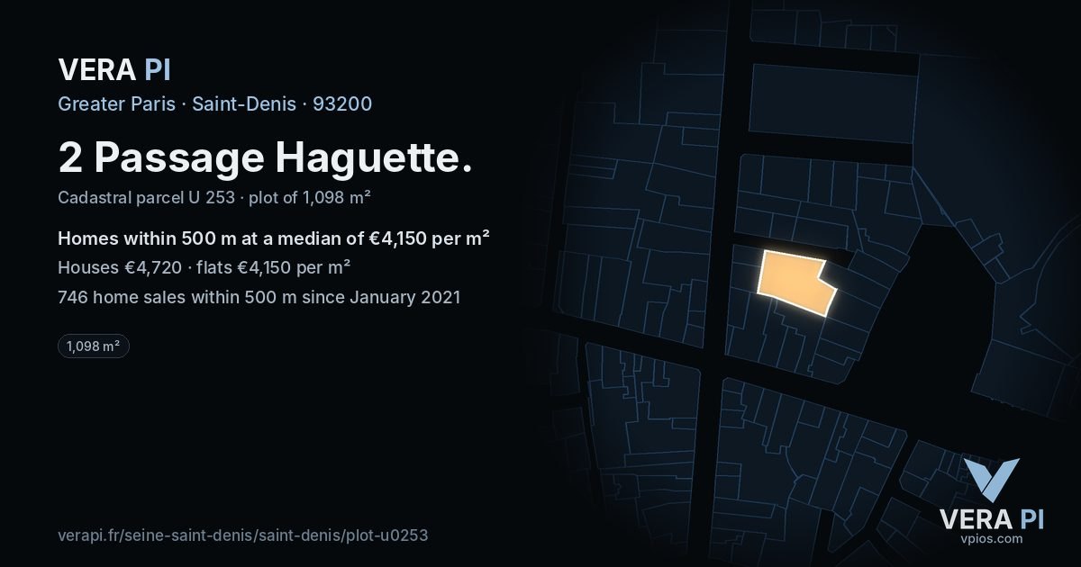 2 Passage Haguette, Saint-Denis at night – the plot lit, the parcels around coloured by the prices near them