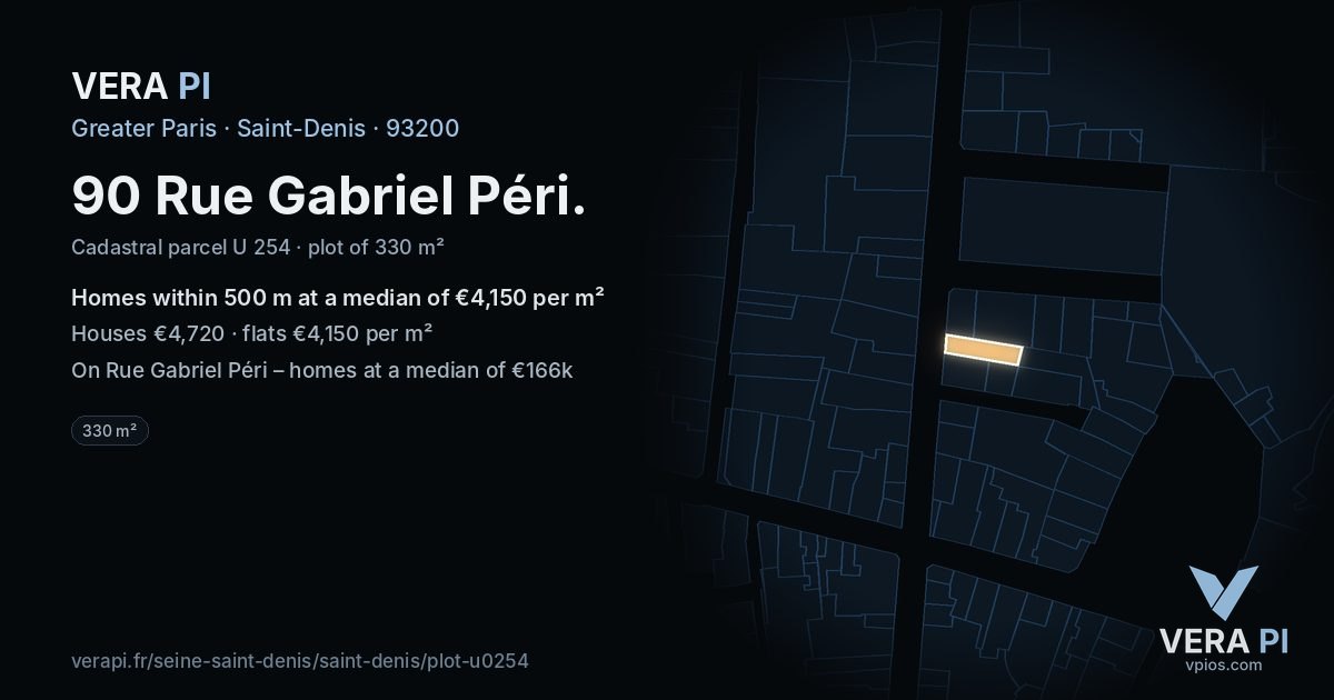 90 Rue Gabriel Péri, Saint-Denis at night – the plot lit, the parcels around coloured by the prices near them