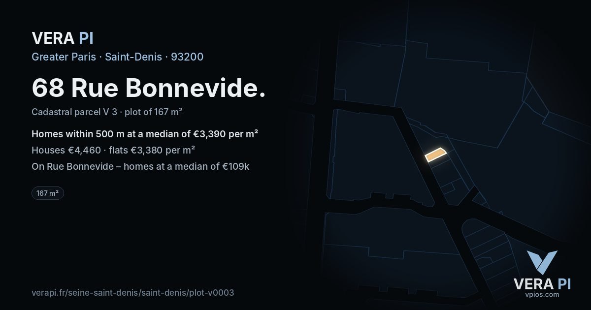 68 Rue Bonnevide, Saint-Denis at night – the plot lit, the parcels around coloured by the prices near them