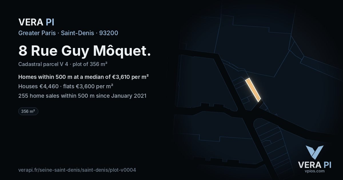 8 Rue Guy Môquet, Saint-Denis at night – the plot lit, the parcels around coloured by the prices near them