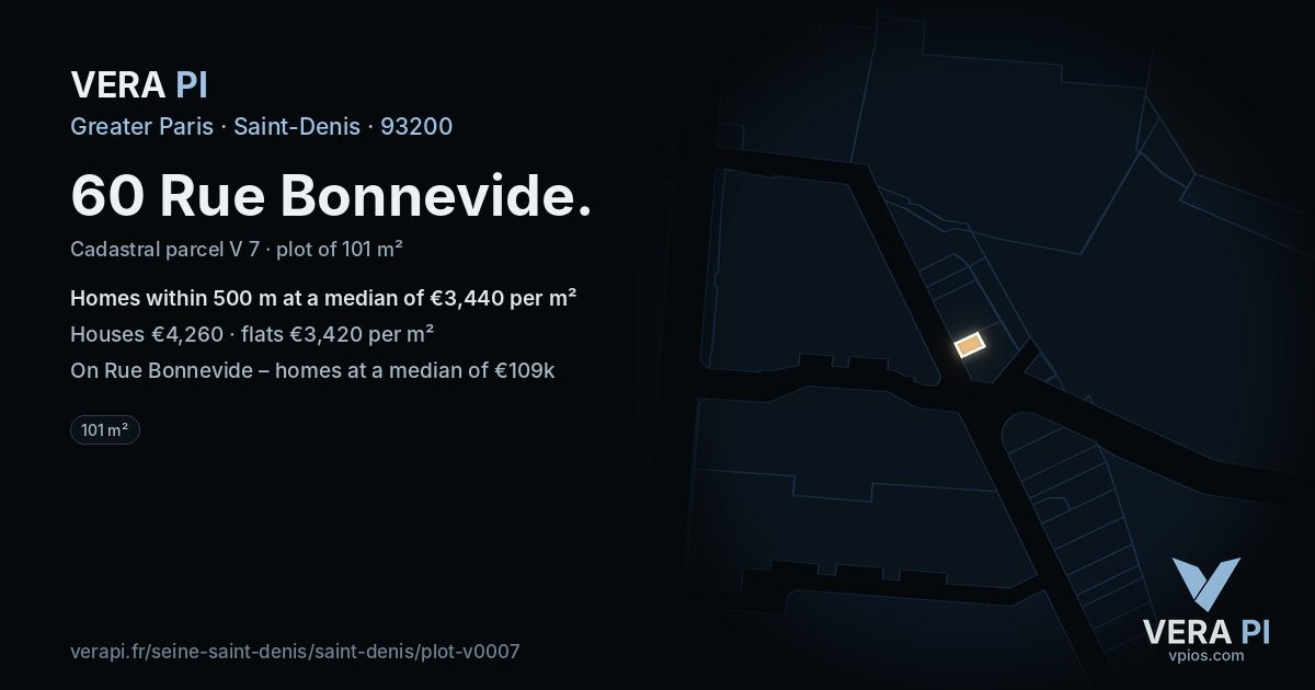 60 Rue Bonnevide, Saint-Denis at night – the plot lit, the parcels around coloured by the prices near them