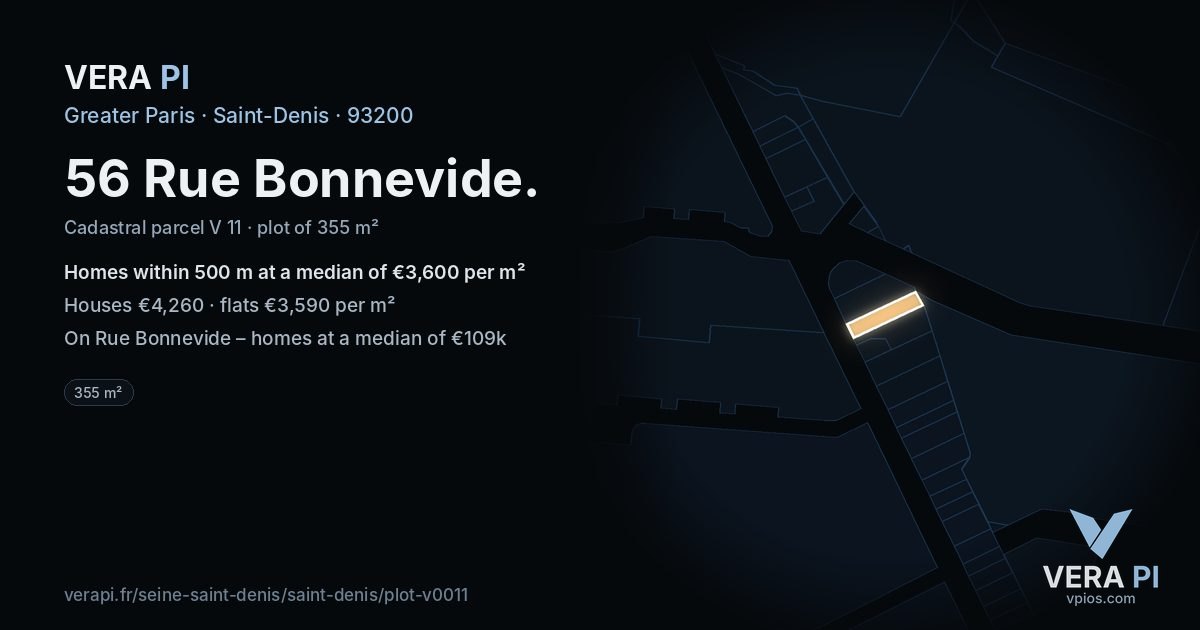 56 Rue Bonnevide, Saint-Denis at night – the plot lit, the parcels around coloured by the prices near them