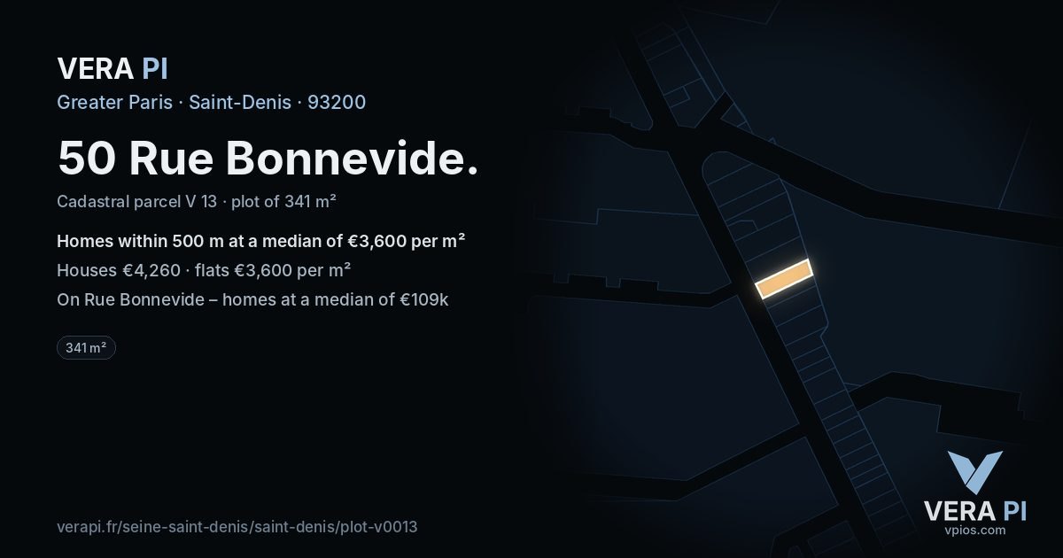 50 Rue Bonnevide, Saint-Denis at night – the plot lit, the parcels around coloured by the prices near them