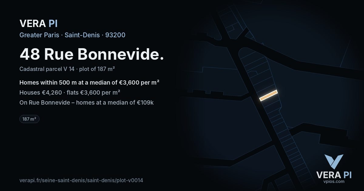 48 Rue Bonnevide, Saint-Denis at night – the plot lit, the parcels around coloured by the prices near them