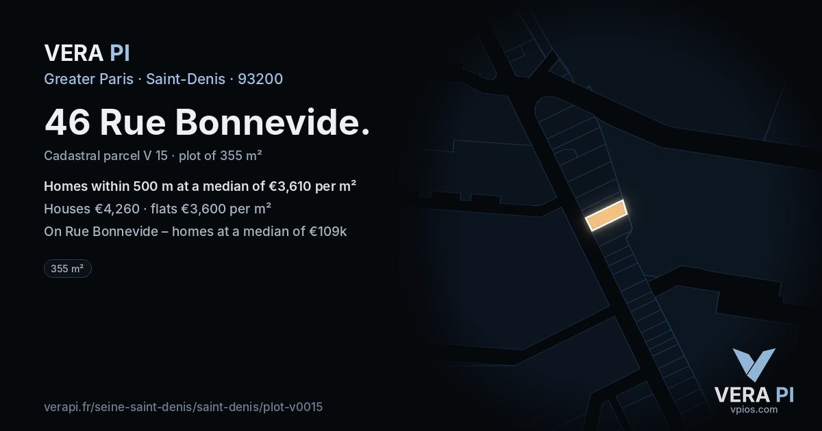 46 Rue Bonnevide, Saint-Denis at night – the plot lit, the parcels around coloured by the prices near them