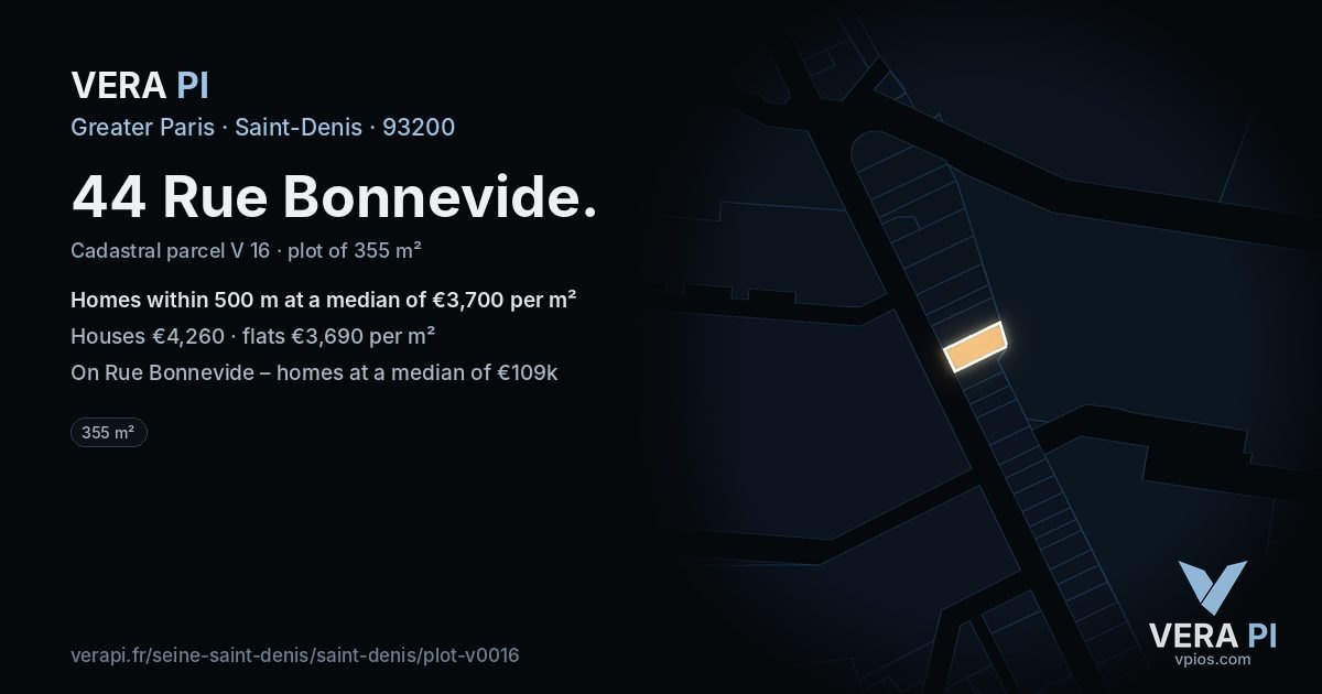 44 Rue Bonnevide, Saint-Denis at night – the plot lit, the parcels around coloured by the prices near them