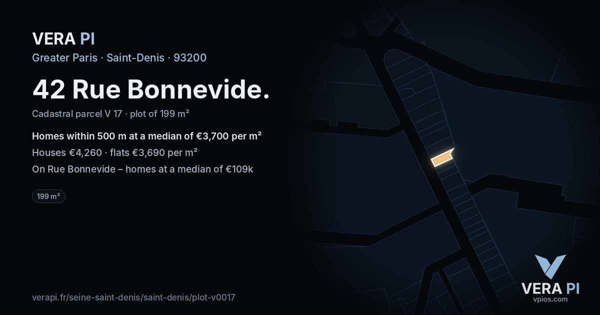 42 Rue Bonnevide, Saint-Denis at night – the plot lit, the parcels around coloured by the prices near them