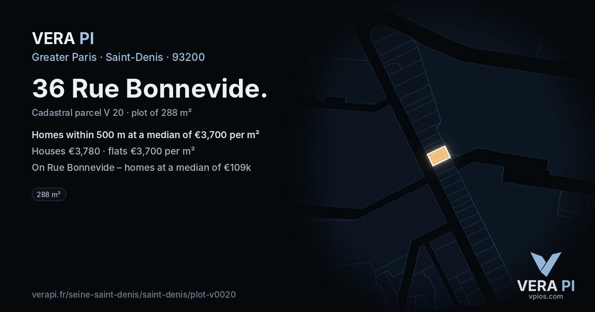 36 Rue Bonnevide, Saint-Denis at night – the plot lit, the parcels around coloured by the prices near them