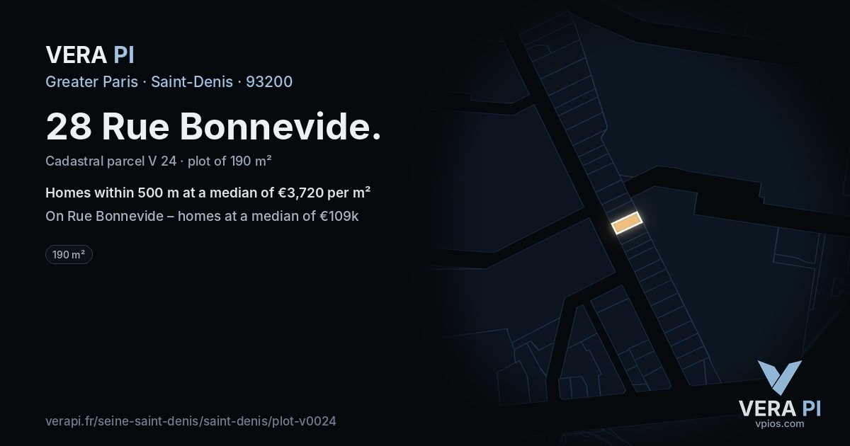 28 Rue Bonnevide, Saint-Denis at night – the plot lit, the parcels around coloured by the prices near them