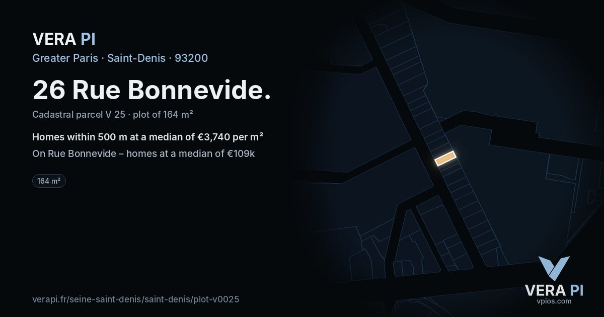 26 Rue Bonnevide, Saint-Denis at night – the plot lit, the parcels around coloured by the prices near them