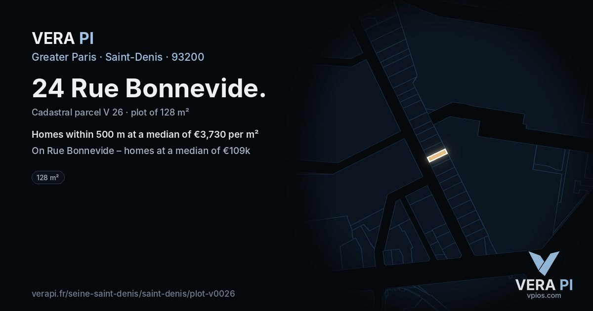 24 Rue Bonnevide, Saint-Denis at night – the plot lit, the parcels around coloured by the prices near them