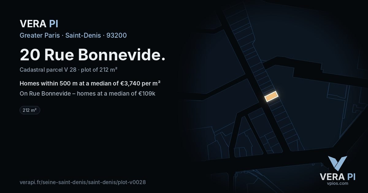 20 Rue Bonnevide, Saint-Denis at night – the plot lit, the parcels around coloured by the prices near them