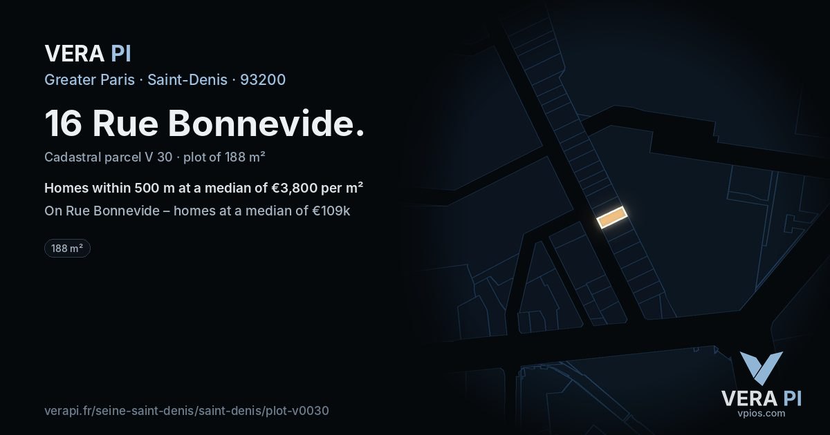 16 Rue Bonnevide, Saint-Denis at night – the plot lit, the parcels around coloured by the prices near them