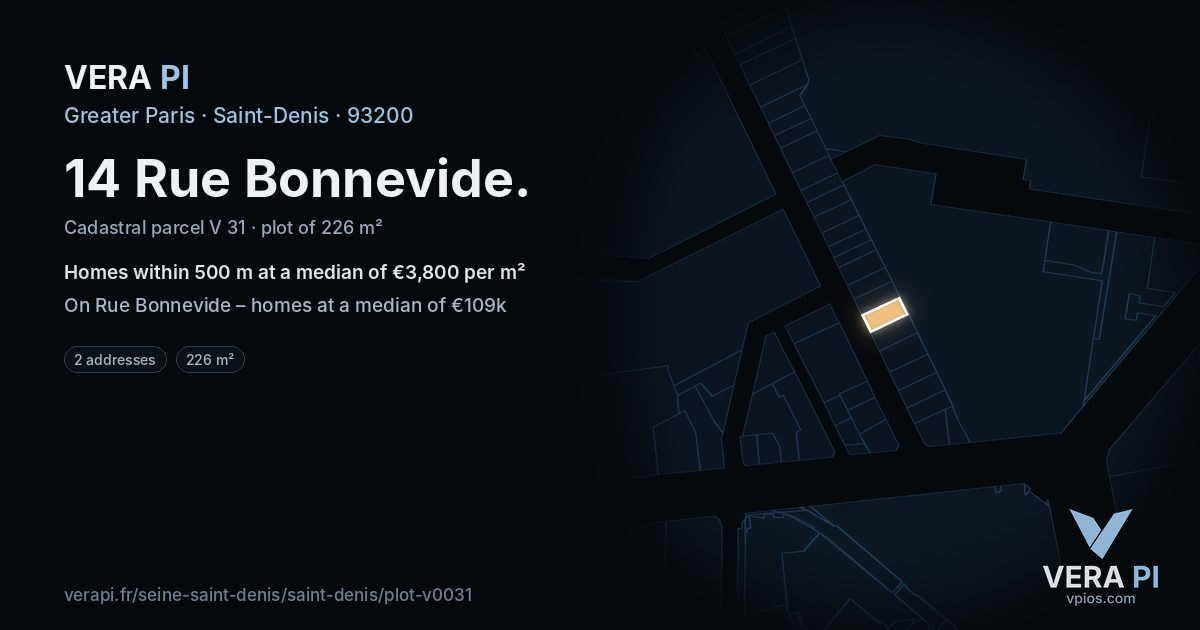 14 Rue Bonnevide, Saint-Denis at night – the plot lit, the parcels around coloured by the prices near them