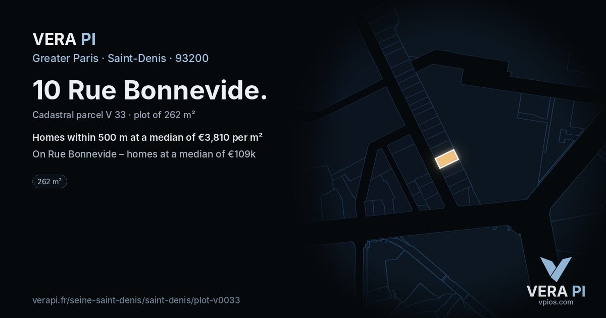 10 Rue Bonnevide, Saint-Denis at night – the plot lit, the parcels around coloured by the prices near them