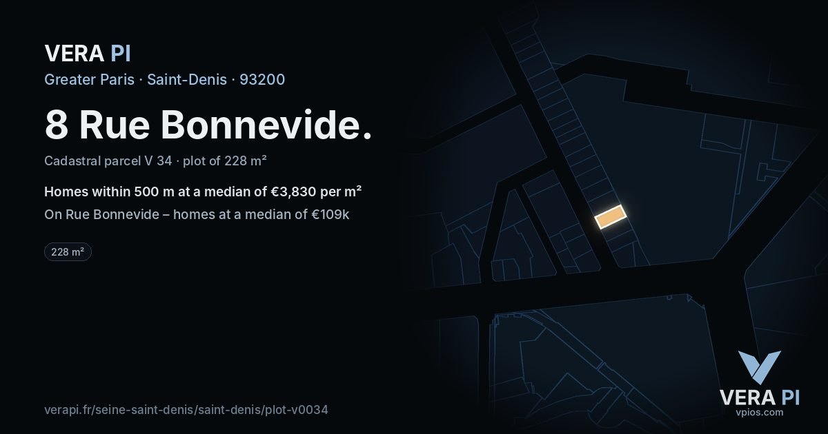 8 Rue Bonnevide, Saint-Denis at night – the plot lit, the parcels around coloured by the prices near them