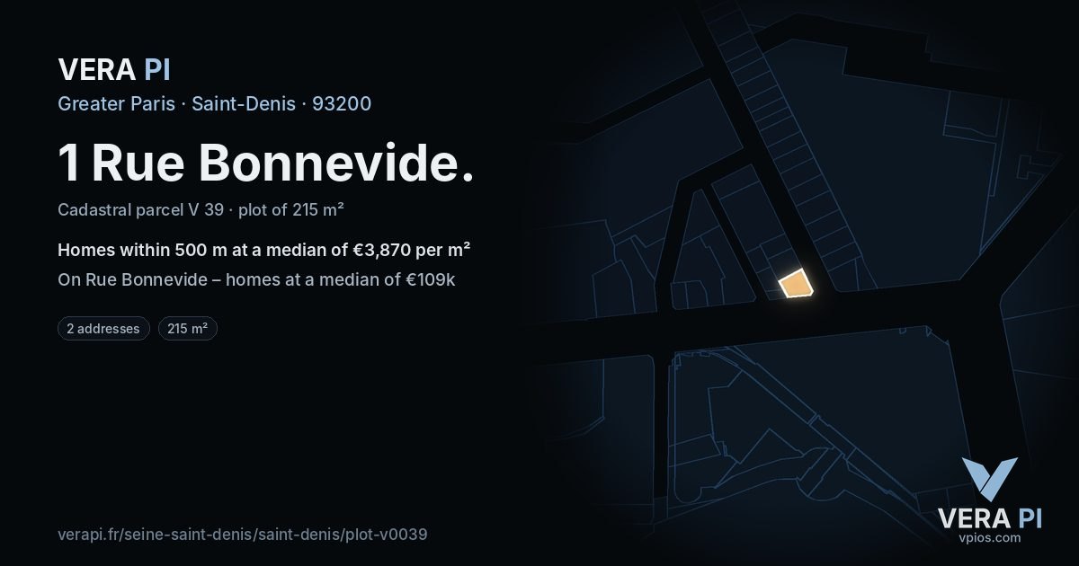 1 Rue Bonnevide, Saint-Denis at night – the plot lit, the parcels around coloured by the prices near them