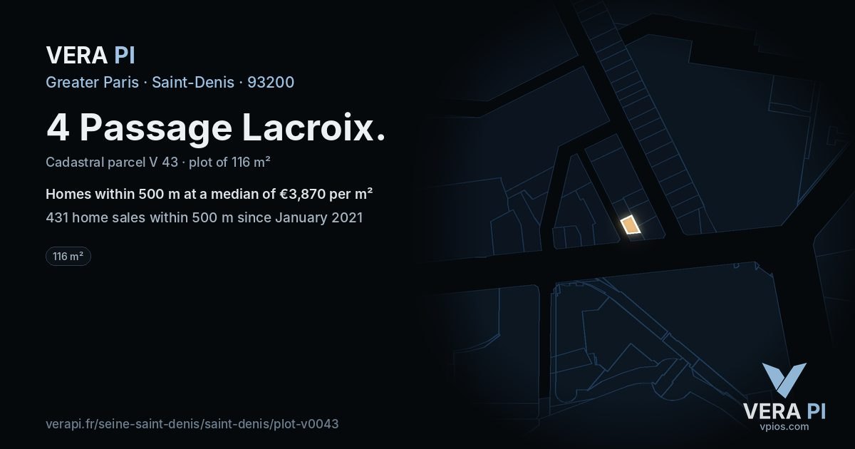 4 Passage Lacroix, Saint-Denis at night – the plot lit, the parcels around coloured by the prices near them