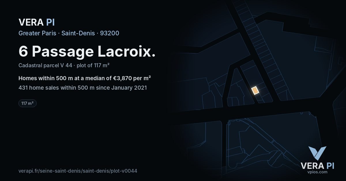 6 Passage Lacroix, Saint-Denis at night – the plot lit, the parcels around coloured by the prices near them
