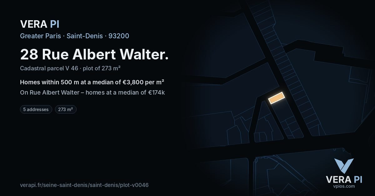 28 Rue Albert Walter, Saint-Denis at night – the plot lit, the parcels around coloured by the prices near them
