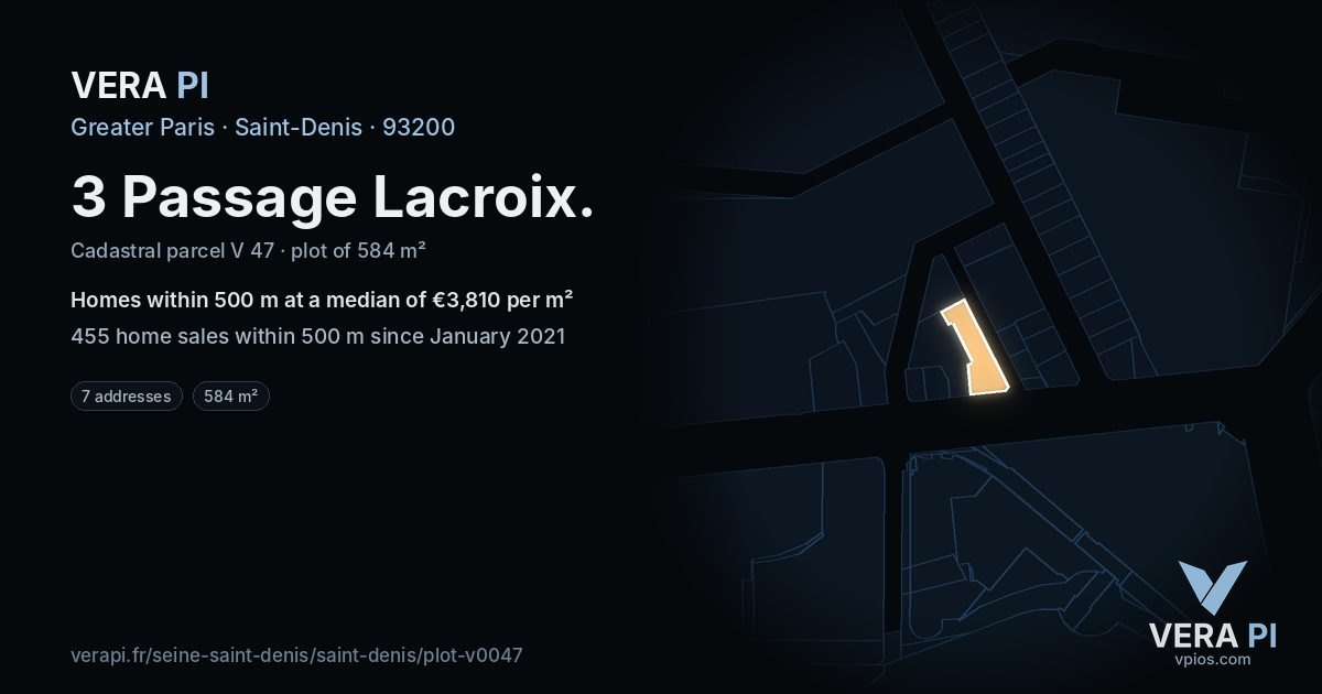 3 Passage Lacroix, Saint-Denis at night – the plot lit, the parcels around coloured by the prices near them