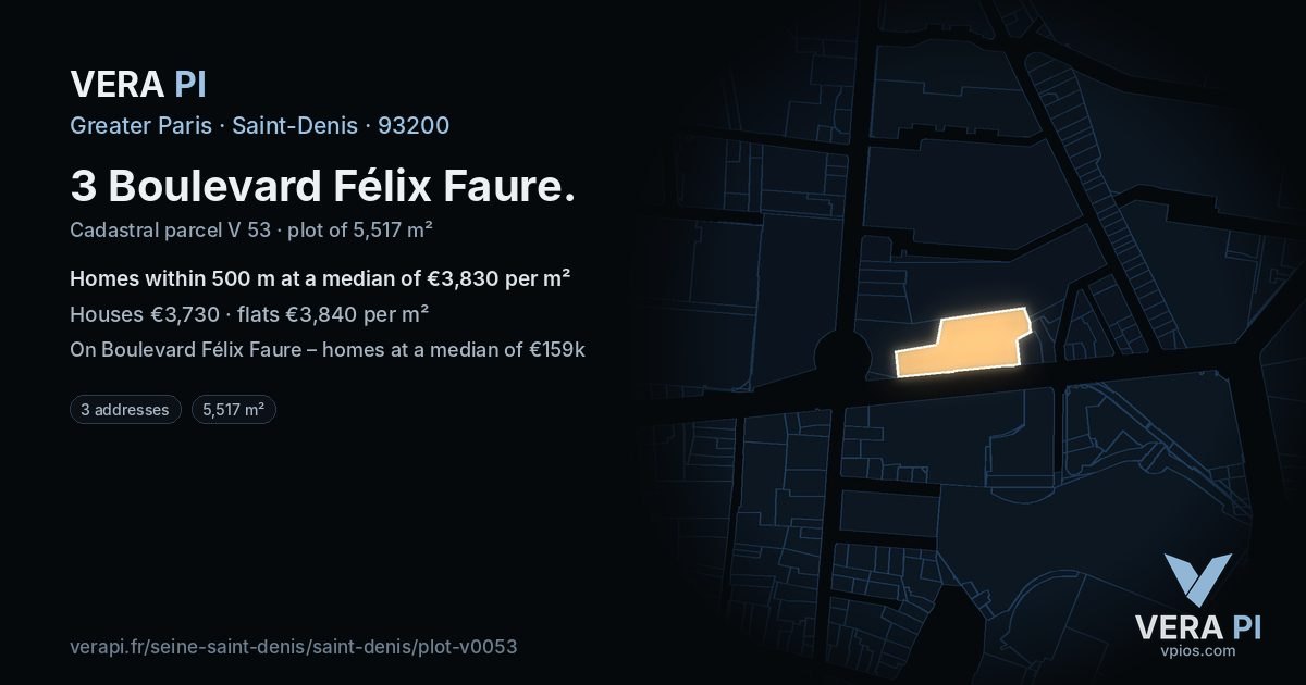 3 Boulevard Félix Faure, Saint-Denis at night – the plot lit, the parcels around coloured by the prices near them