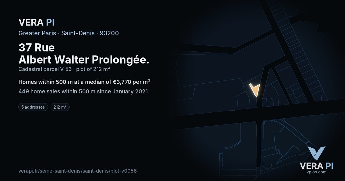 37 Rue Albert Walter Prolongée, Saint-Denis at night – the plot lit, the parcels around coloured by the prices near them