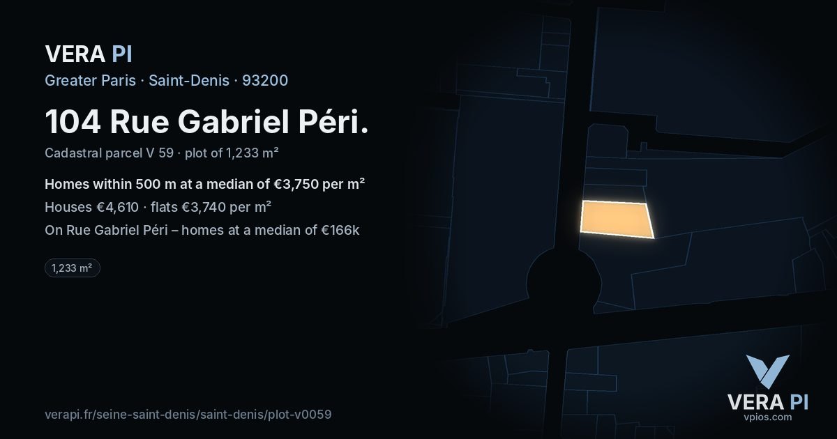 104 Rue Gabriel Péri, Saint-Denis at night – the plot lit, the parcels around coloured by the prices near them