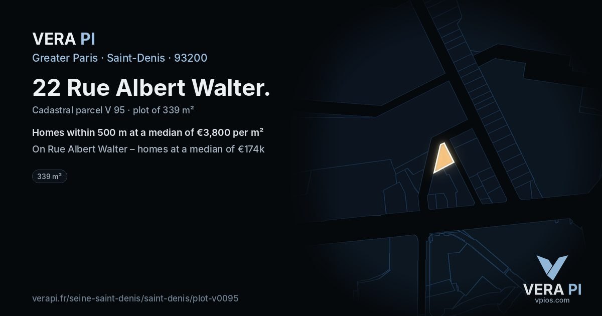 22 Rue Albert Walter, Saint-Denis at night – the plot lit, the parcels around coloured by the prices near them