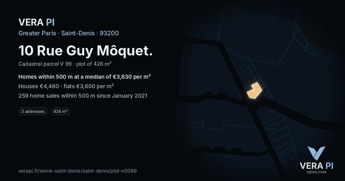 10 Rue Guy Môquet, Saint-Denis at night – the plot lit, the parcels around coloured by the prices near them