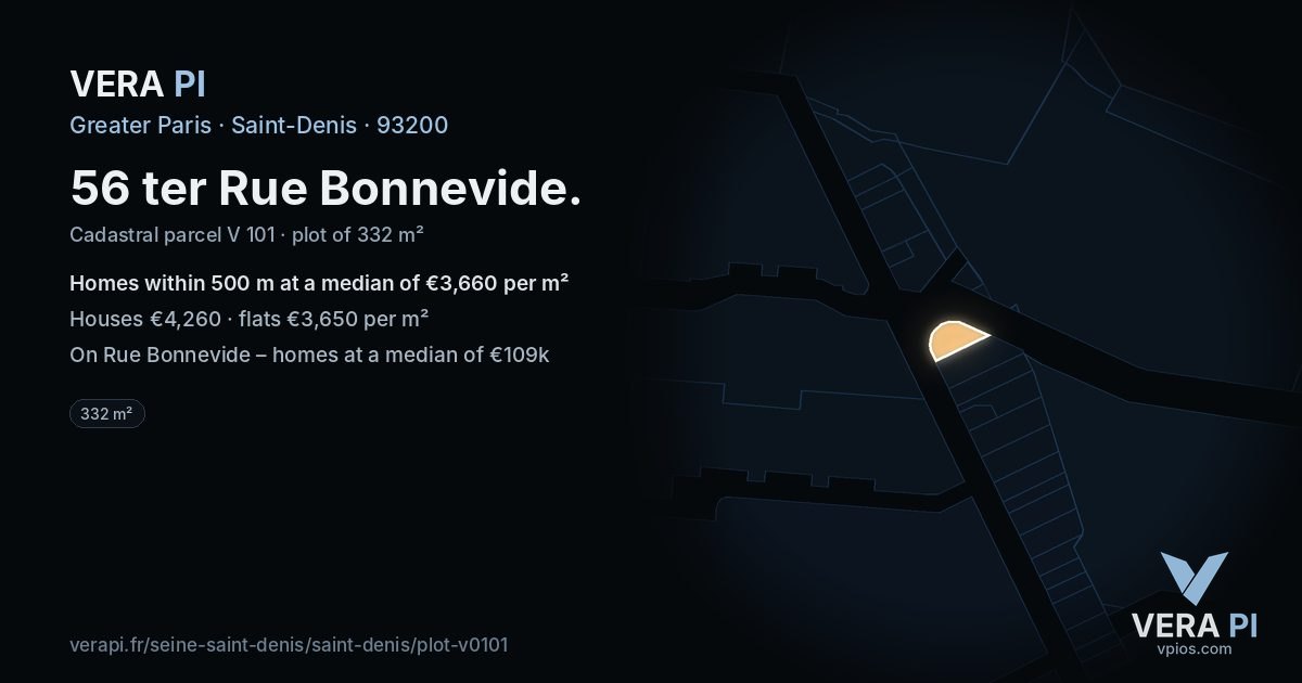 56 ter Rue Bonnevide, Saint-Denis at night – the plot lit, the parcels around coloured by the prices near them