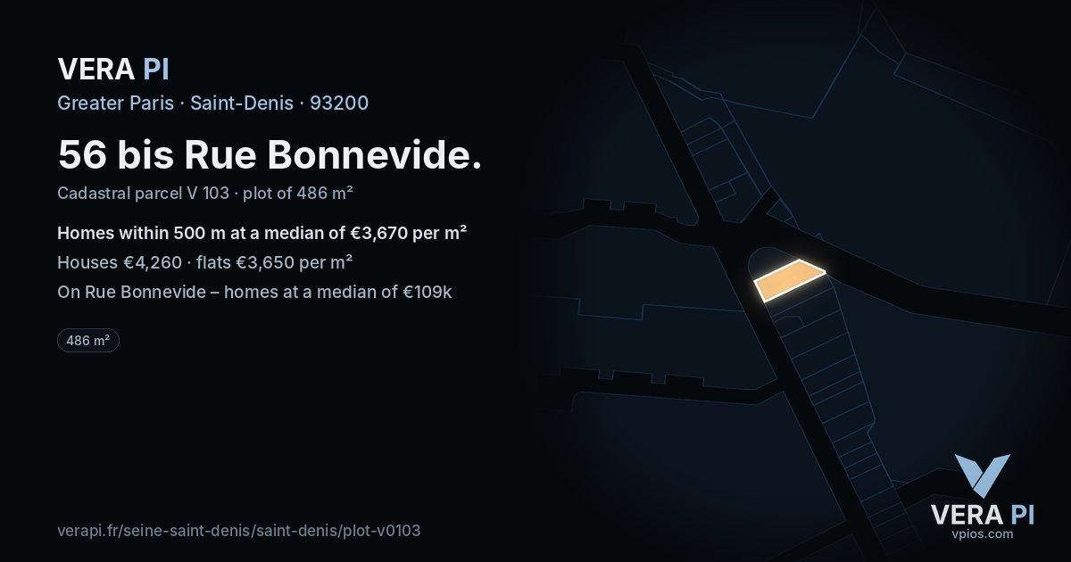 56 bis Rue Bonnevide, Saint-Denis at night – the plot lit, the parcels around coloured by the prices near them