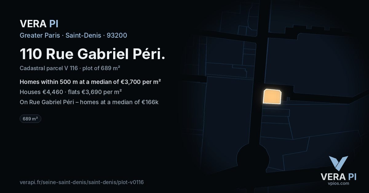 110 Rue Gabriel Péri, Saint-Denis at night – the plot lit, the parcels around coloured by the prices near them