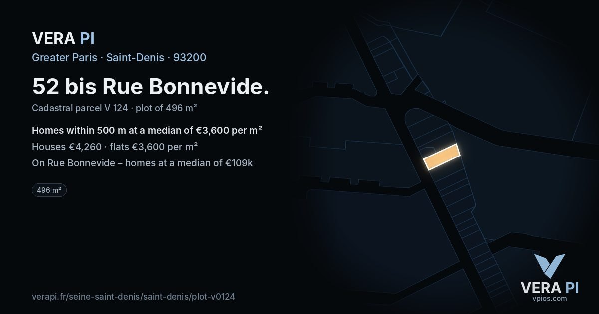 52 bis Rue Bonnevide, Saint-Denis at night – the plot lit, the parcels around coloured by the prices near them