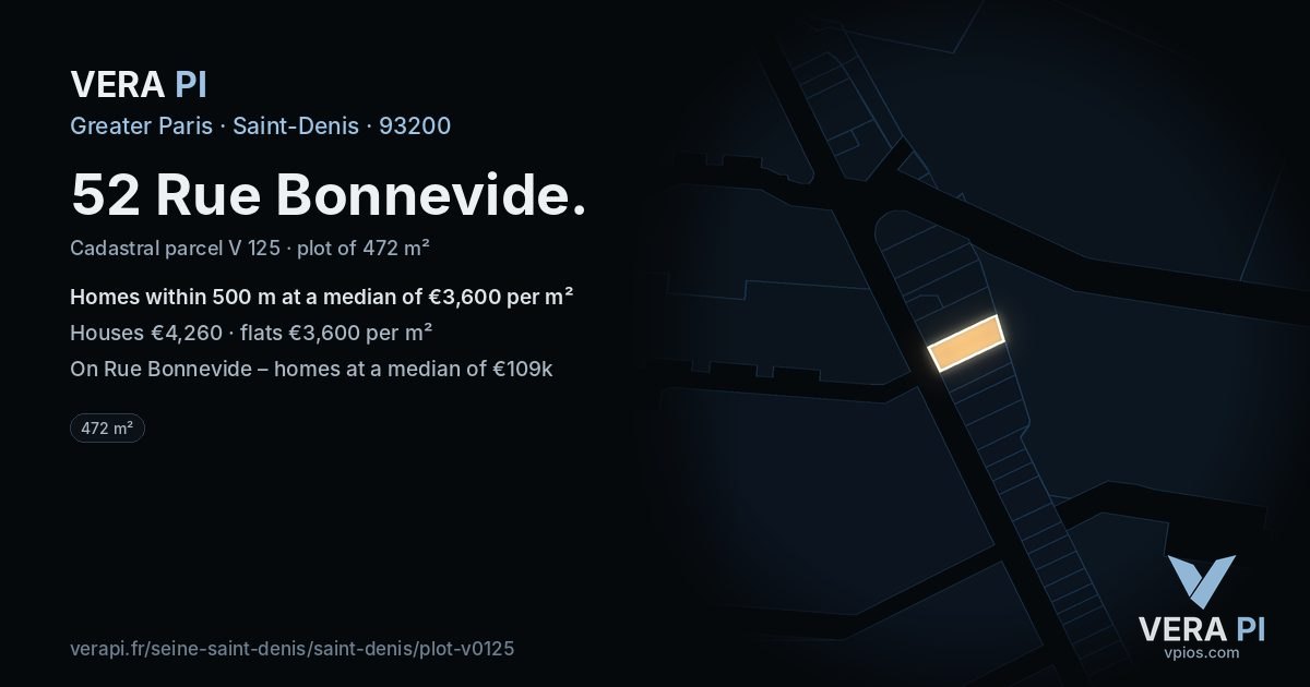 52 Rue Bonnevide, Saint-Denis at night – the plot lit, the parcels around coloured by the prices near them