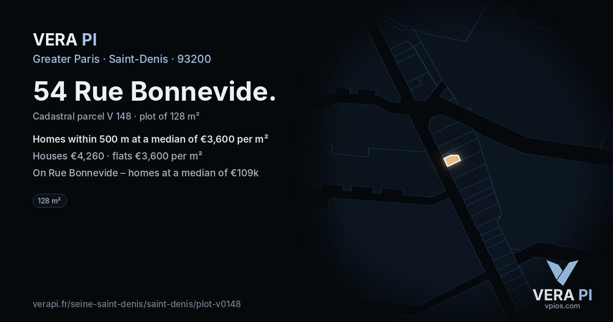 54 Rue Bonnevide, Saint-Denis at night – the plot lit, the parcels around coloured by the prices near them